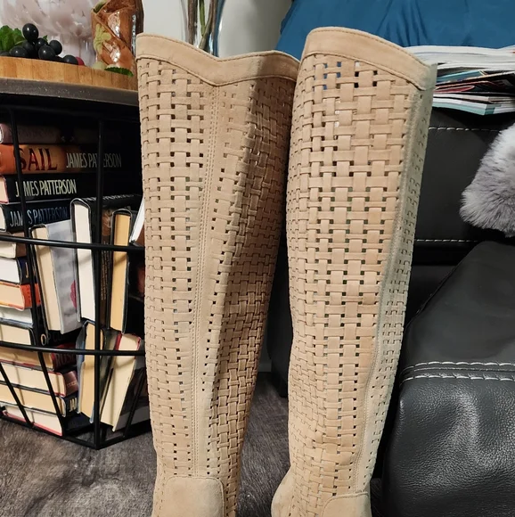 Vince Camuto Tan Heeled Peep-Toe Boots - Picture 4 of 4